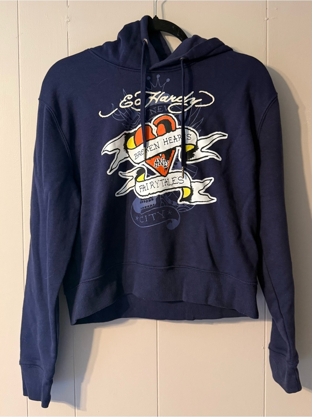 Ed Hardy Y2K Navy Broken Hearts & Fairytales Graphic Hoodie L